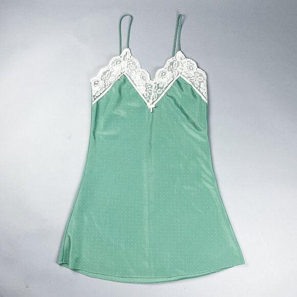 Polka Dot Slip, 90s Sage Green Dotted White with White Lace and Adjustable Strap - Picture 2 of 9